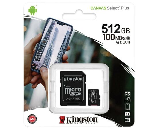  MicroSDXC  512GB  Kingston Class 10 Canvas Select Plus A1 (100 Mb/s) + SD адаптер 