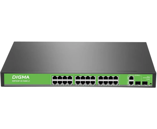  Коммутатор неуправляемый Digma DSP224F-2C-R400 V1 (L2) 24x100Мбит/с 2xКомбо (1000BASE-T/SFP) 24PoE 24PoE+ 400W 