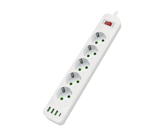  Amper сетевой удлинитель, 4,0м, 5 розеток, 10А, 2500 Вт, 3usb,1Type-C, белый. 