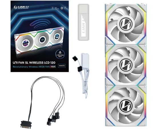  Комплект вентиляторов (3шт.) Lian Li UNI Fan SL Wireless LCD 120 (G99.12SLLCD1W3W.R0)/12SLLCD1W3W White/120x124,5x28мм (1.6” LCD,PWM,ARGB,1900 об/мин) 